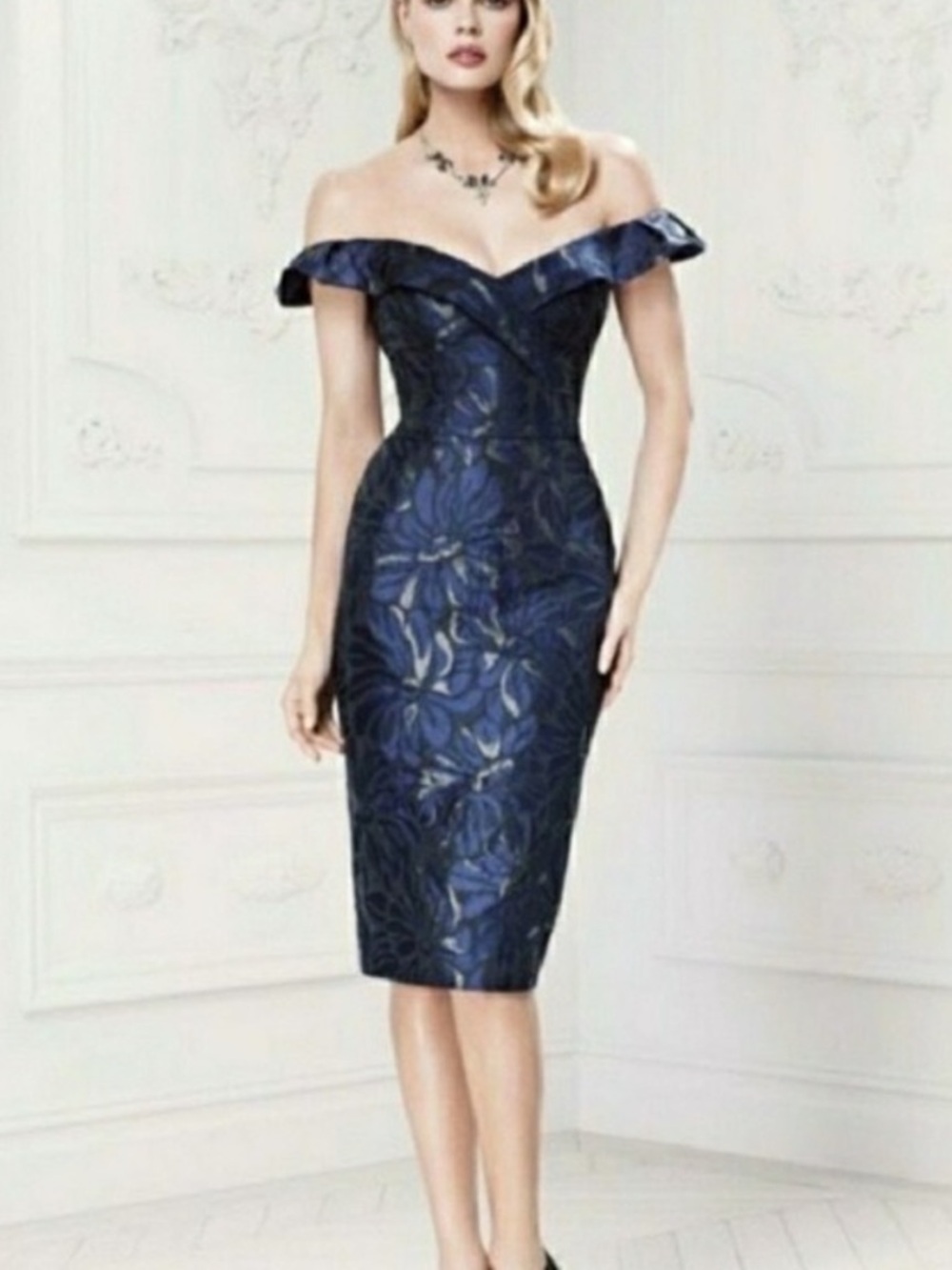 Zac Posen Navy Blue Floral Jaquard Off-Shoulder Midi Dress